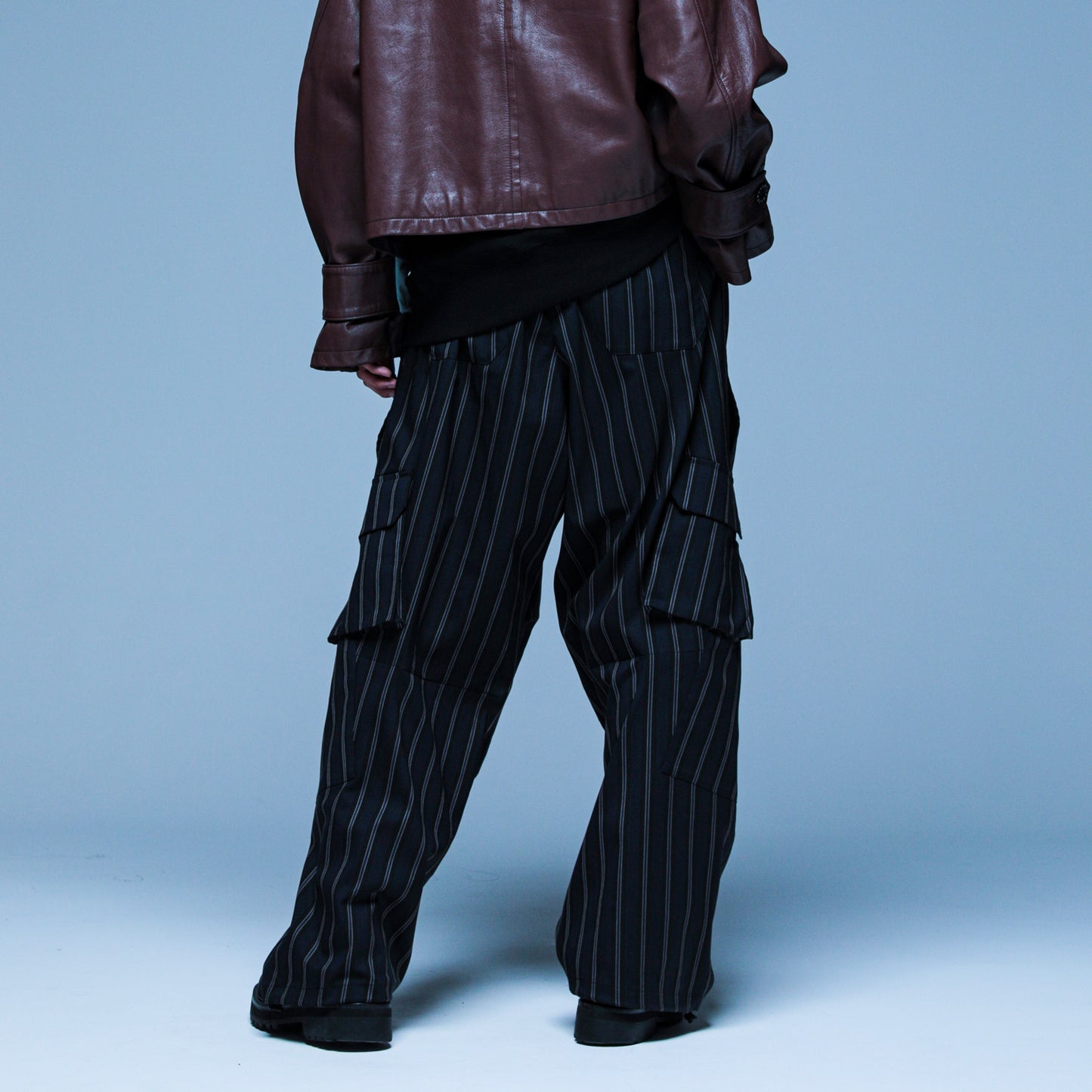 MUZE TURQUOISE LABEL - VILOFT STRIPE DOUBLE KNEE CARGO PANTS(BLACK)ミューズ ストライプ ダブルニー カーゴ パンツ ブラック