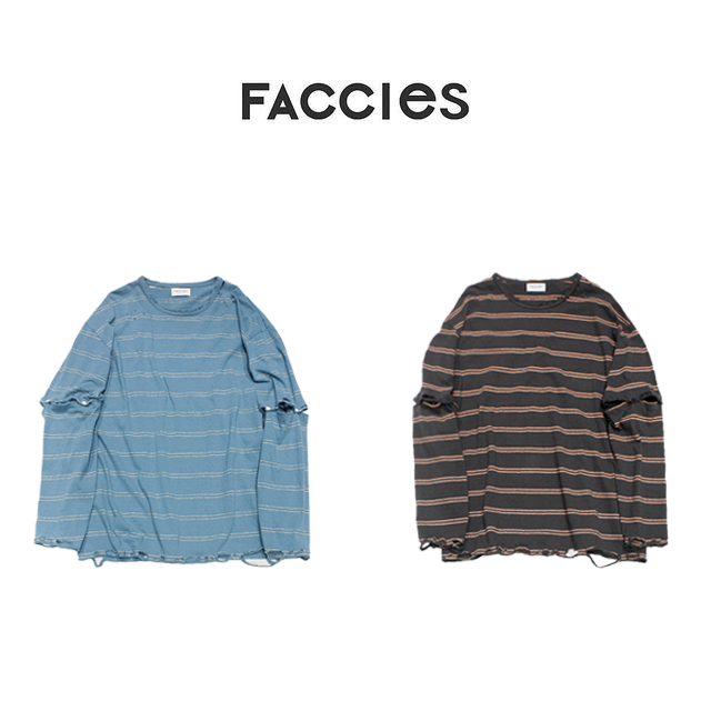 FACCIES - VINTAGE DAMAGE BD LS(BLUE) ファッチーズ ボーダー ロング Tシャツ ダメージ ブルー