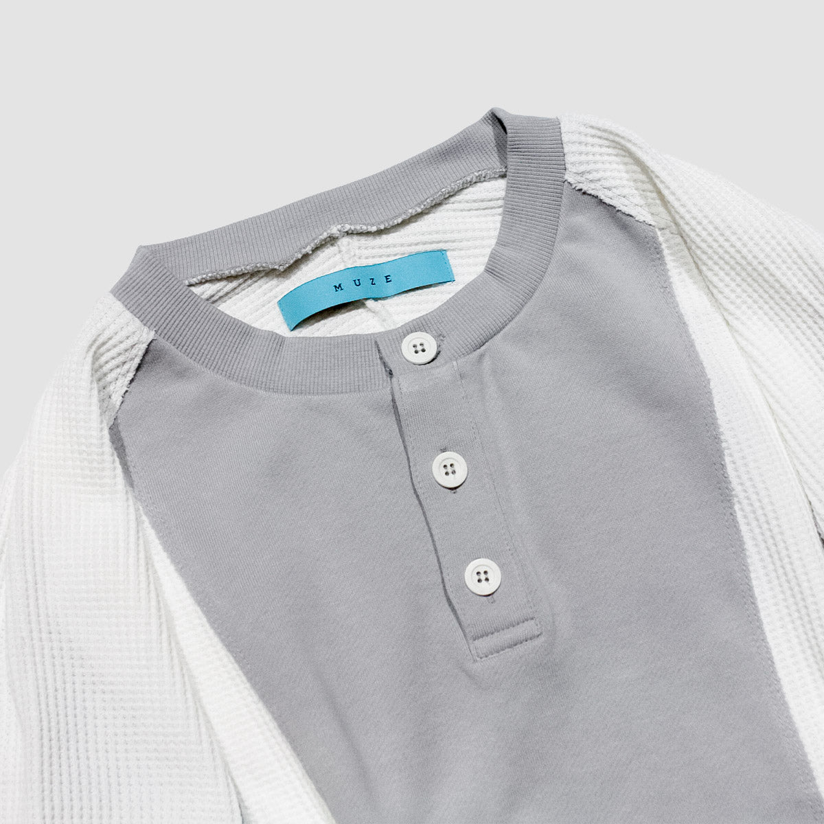 MUZE TURQUOISE LABEL - 【STRIPE HENRY NECK WAFFLE SWEAT】(WHITE×GRAY)ミューズ ヘンリーネック ワッフル スウェット ホワイト グレー