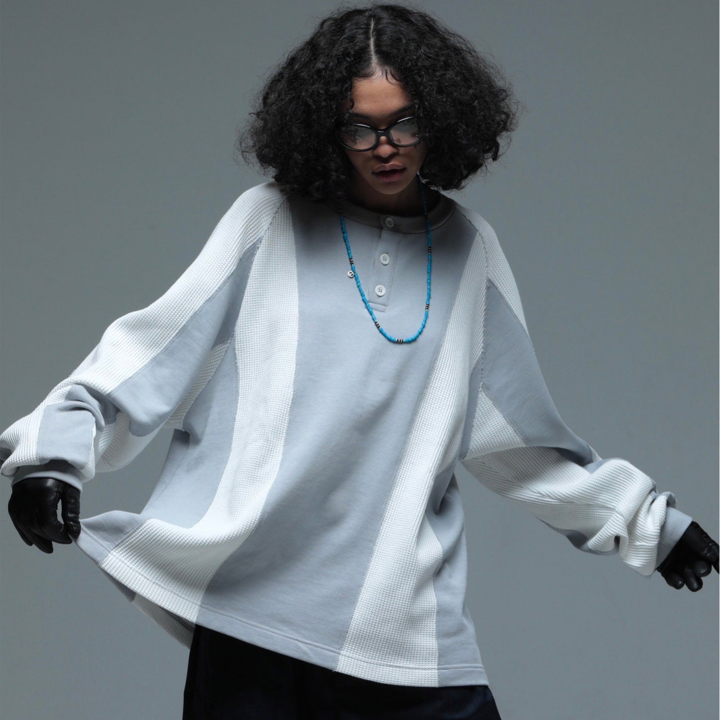 MUZE TURQUOISE LABEL - 【STRIPE HENRY NECK WAFFLE SWEAT】(WHITE×GRAY)ミューズ ヘンリーネック ワッフル スウェット ホワイト グレー