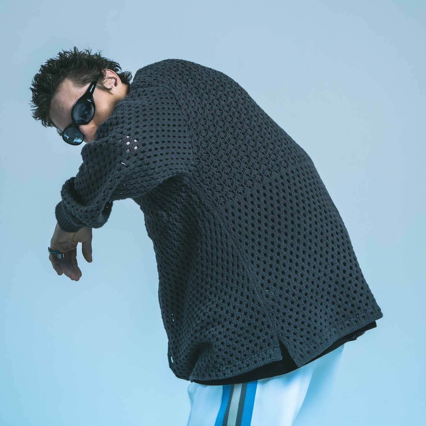 MUZE TURQUOISE LABEL × FACCIES - REC MESH PW LS SH(CHACOAL) ミューズ ファッチーズ 2023年春夏 メッシュシャツ チャコール