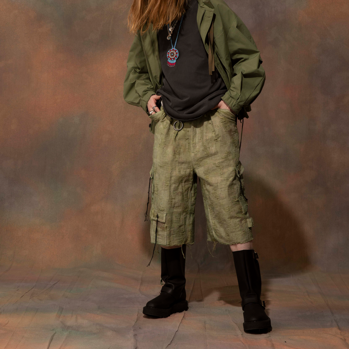 MUZE TURQUOISE LABEL × MINUS -【HBT CROPPED CARGO CRUST BORO(OVER DYE)(KHAKI)】ミューズ マイナス カーゴ クロップド パンツ カットジャガード オーバーダイ カーキ