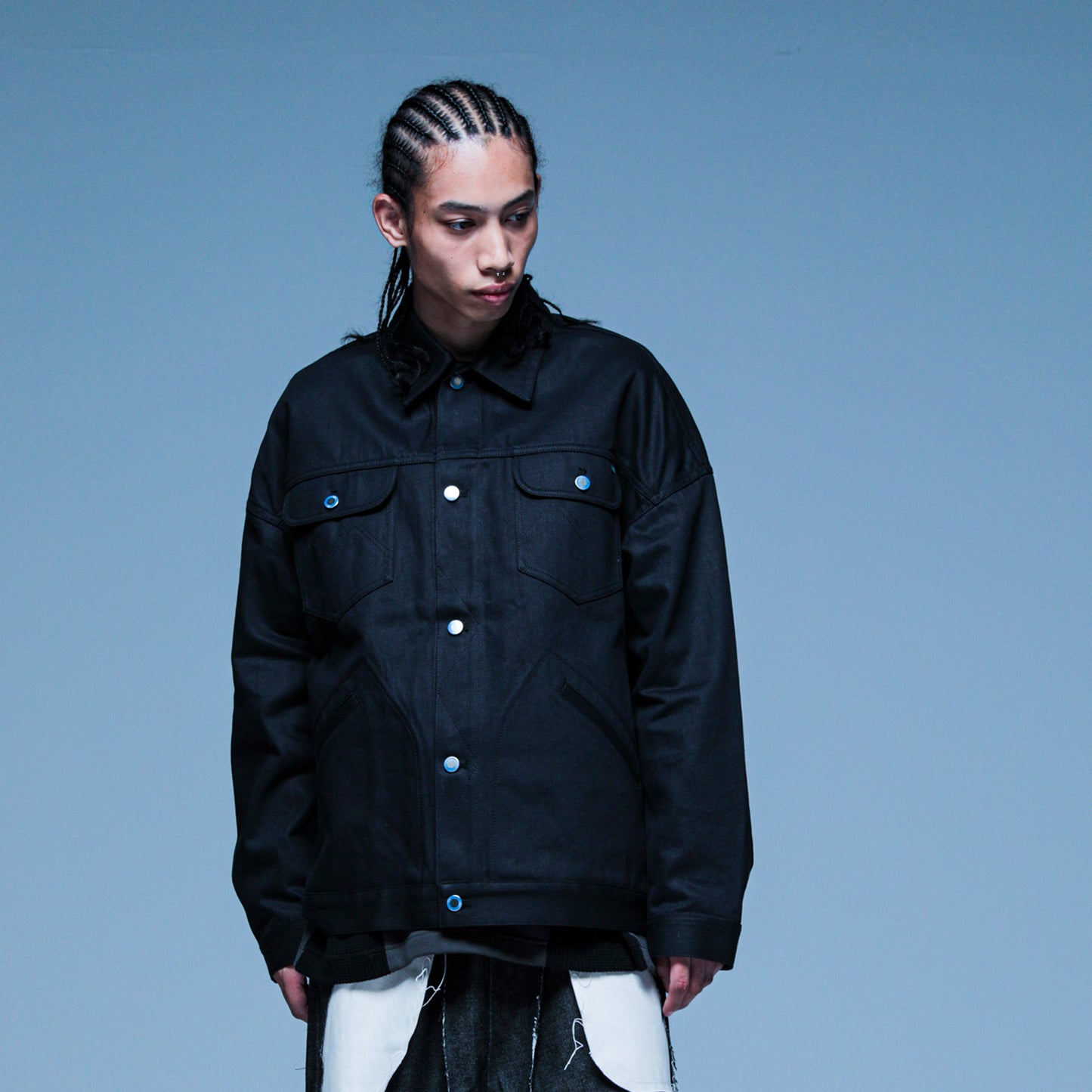 MUZE TURQUOISE LABEL - HEM SLIT WIDE DENIM JACKET(BLACK)ミューズ ヘムスリット デニム ジャケット ワイド ブラック