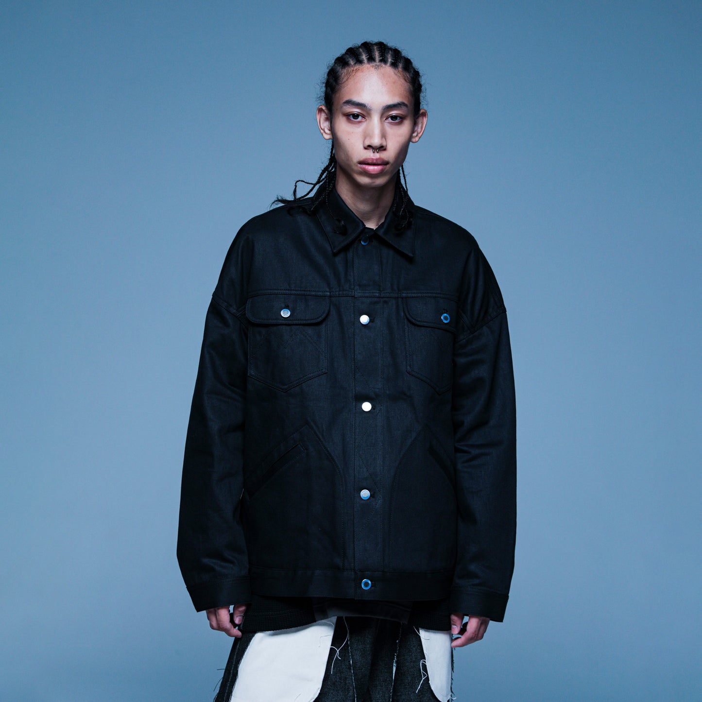 MUZE TURQUOISE LABEL - HEM SLIT WIDE DENIM JACKET(BLACK)ミューズ ヘムスリット デニム ジャケット ワイド ブラック