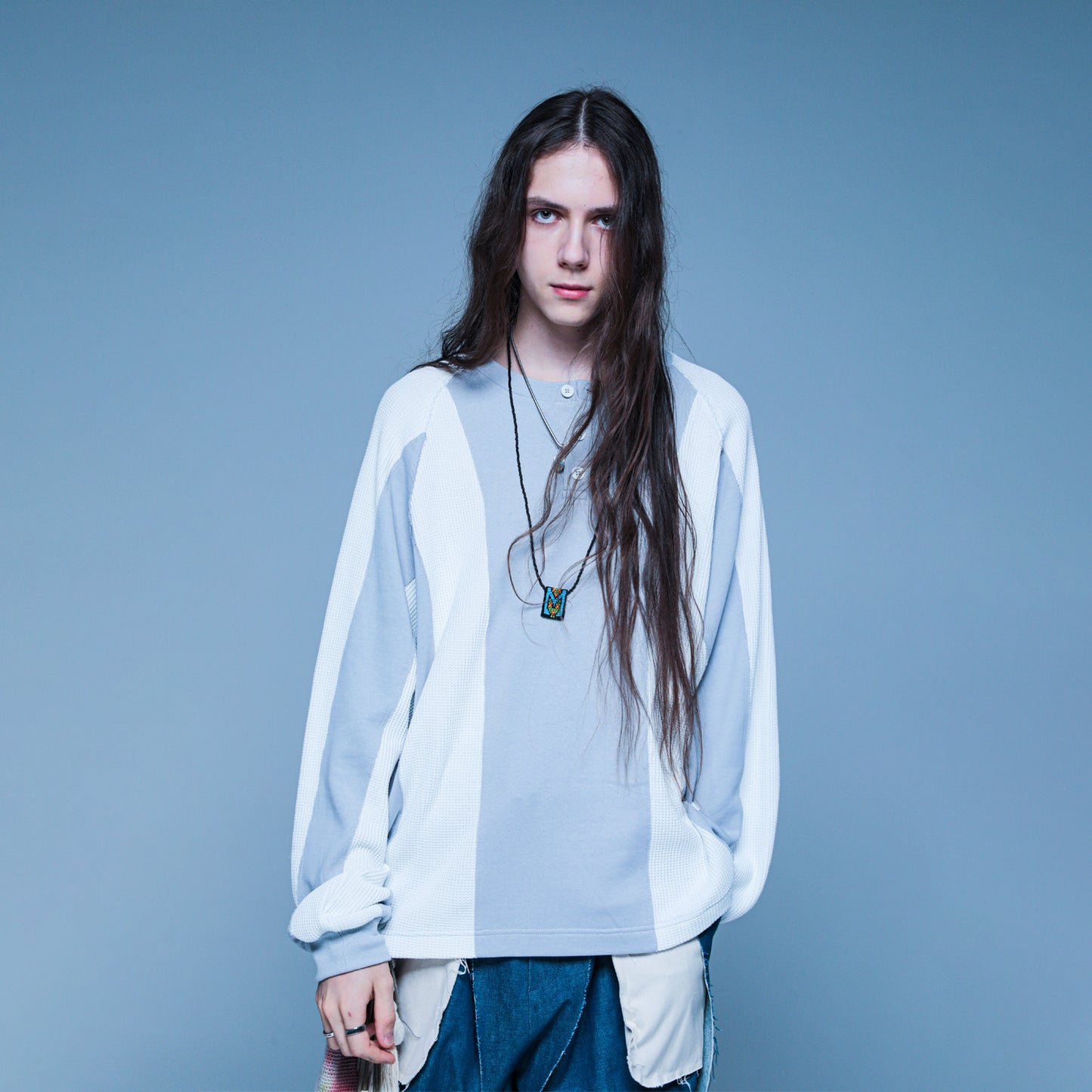 MUZE TURQUOISE LABEL - 【STRIPE HENRY NECK WAFFLE SWEAT】(WHITE×GRAY)ミューズ ヘンリーネック ワッフル スウェット ホワイト グレー