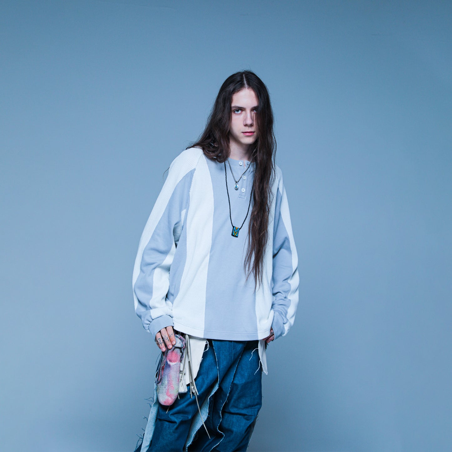 MUZE TURQUOISE LABEL - 【STRIPE HENRY NECK WAFFLE SWEAT】(WHITE×GRAY)ミューズ ヘンリーネック ワッフル スウェット ホワイト グレー