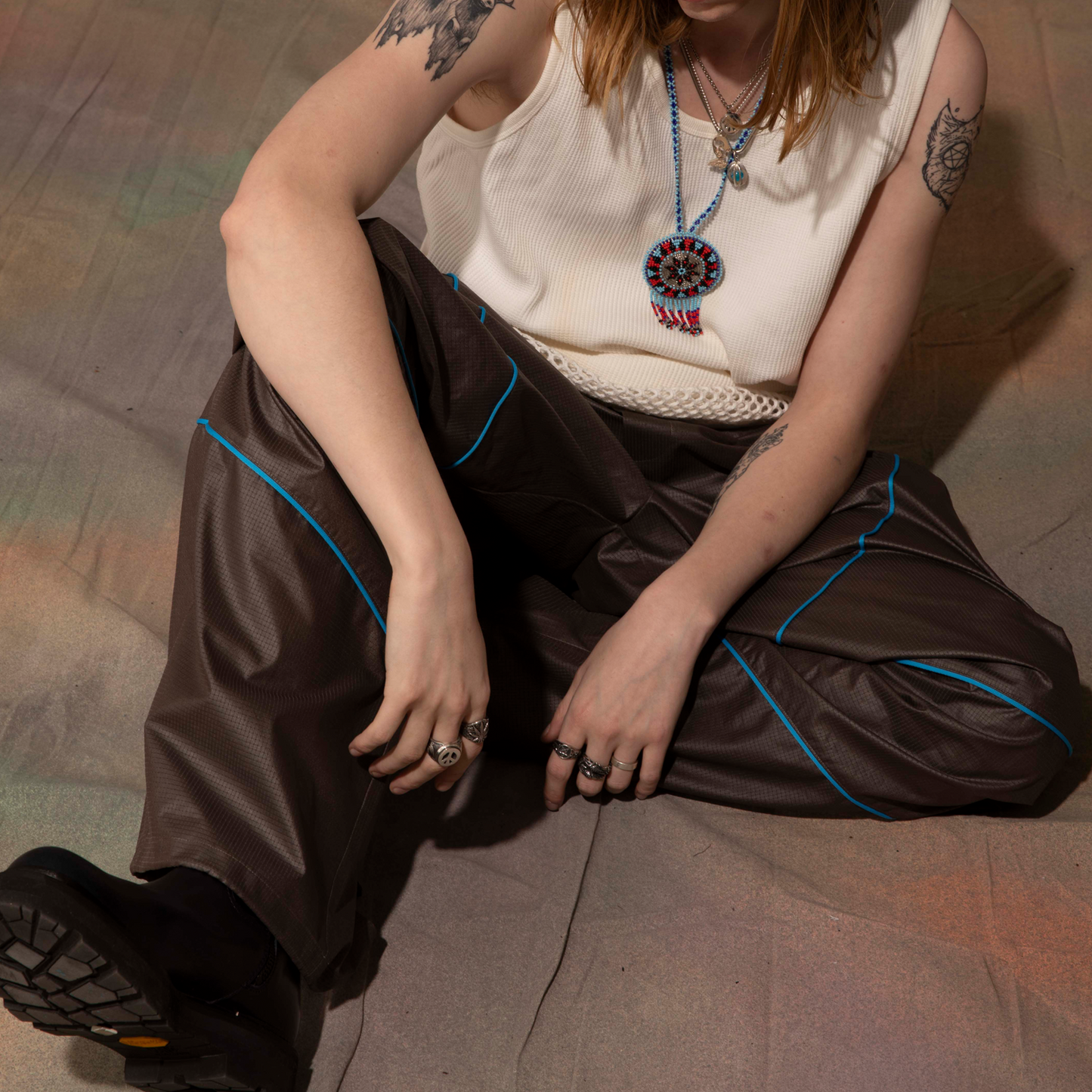 MUZE TURQUOISE LABEL - PIPING WIDE PANTS(BROWN)ミューズ パイピング ワイド パンツ ブラウン