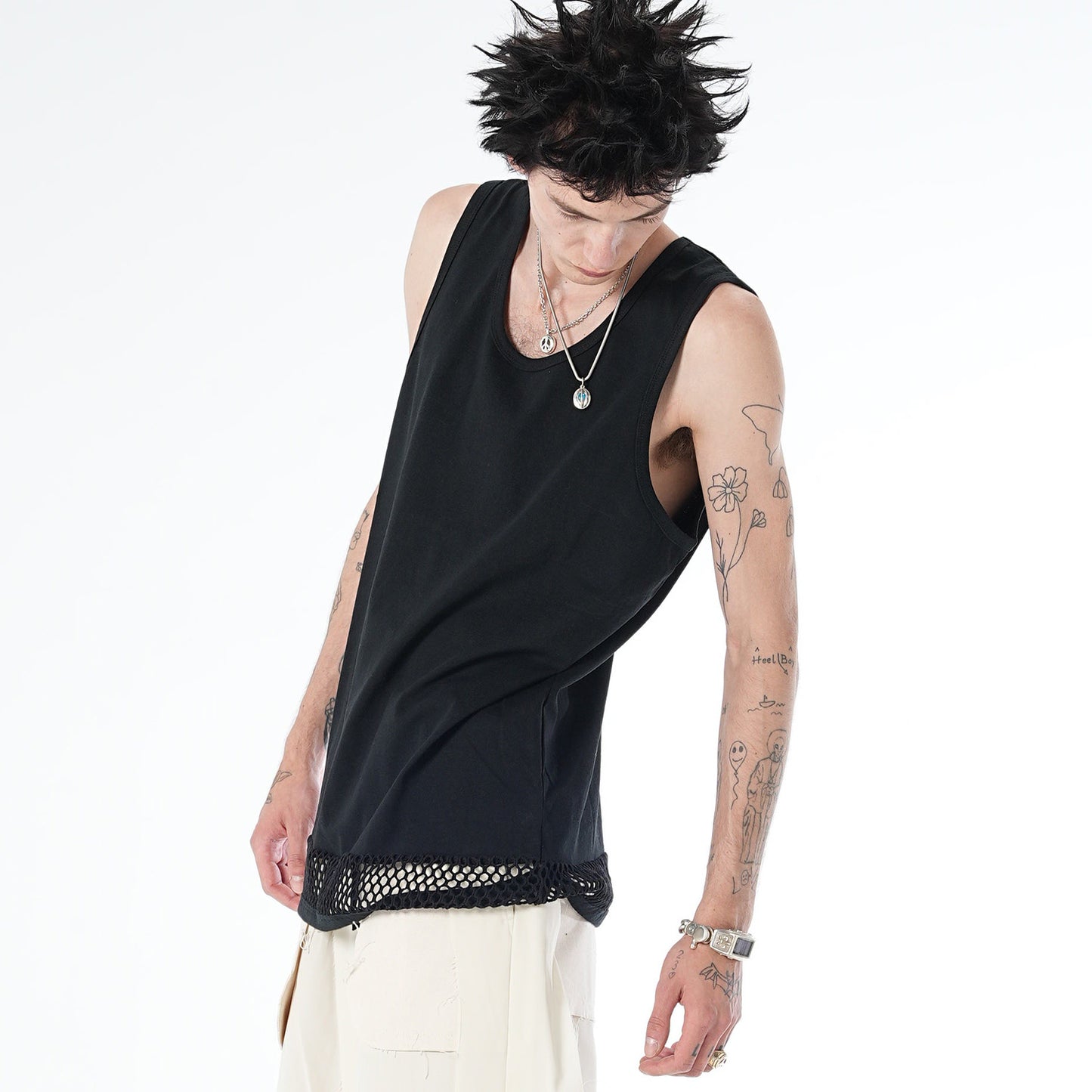 MUZE TURQUOISE LABEL - HEM MESH TANK TOP(BLACK) ミューズ タンクトップ メッシュ 切り替え ブラック