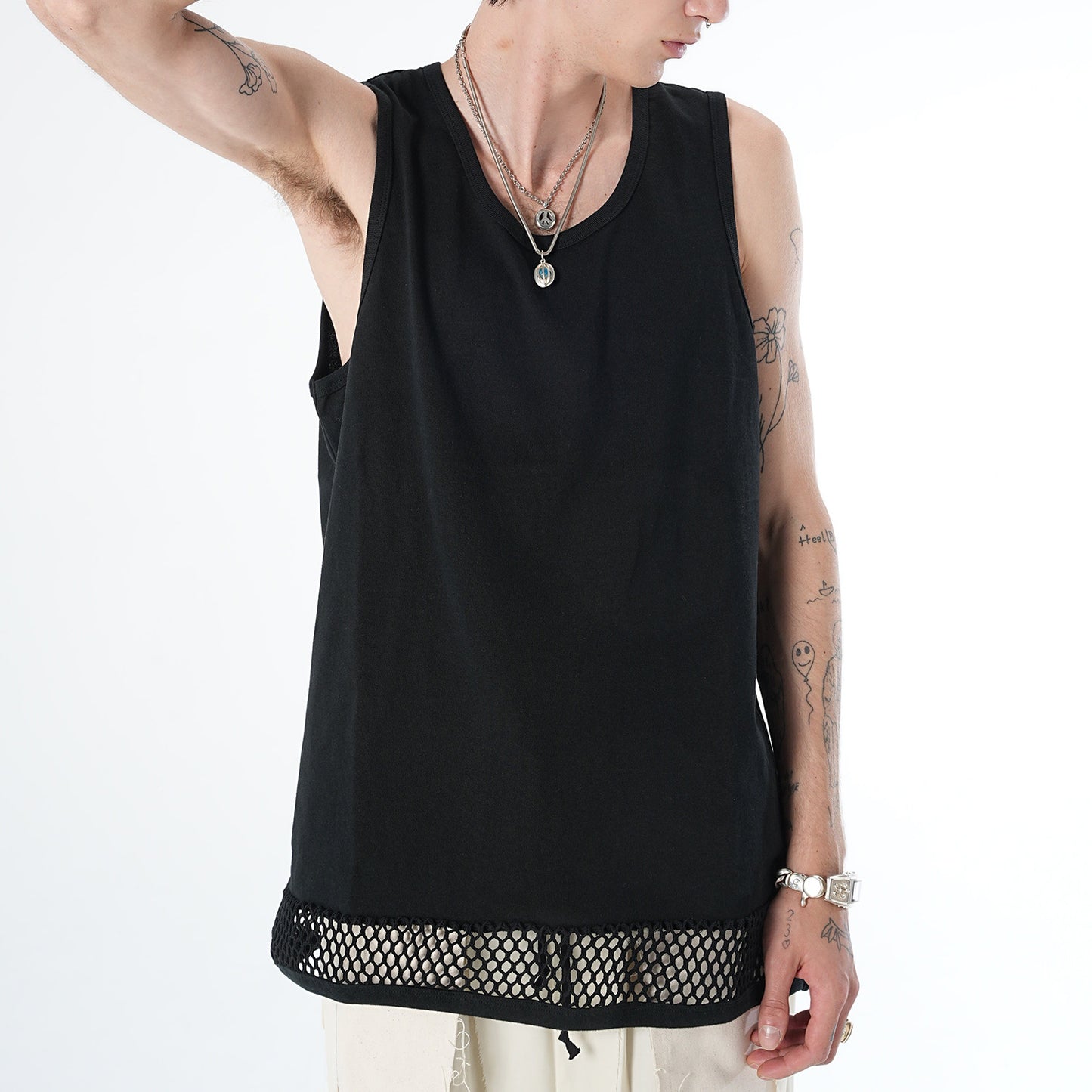 MUZE TURQUOISE LABEL - HEM MESH TANK TOP(BLACK) ミューズ タンクトップ メッシュ 切り替え ブラック