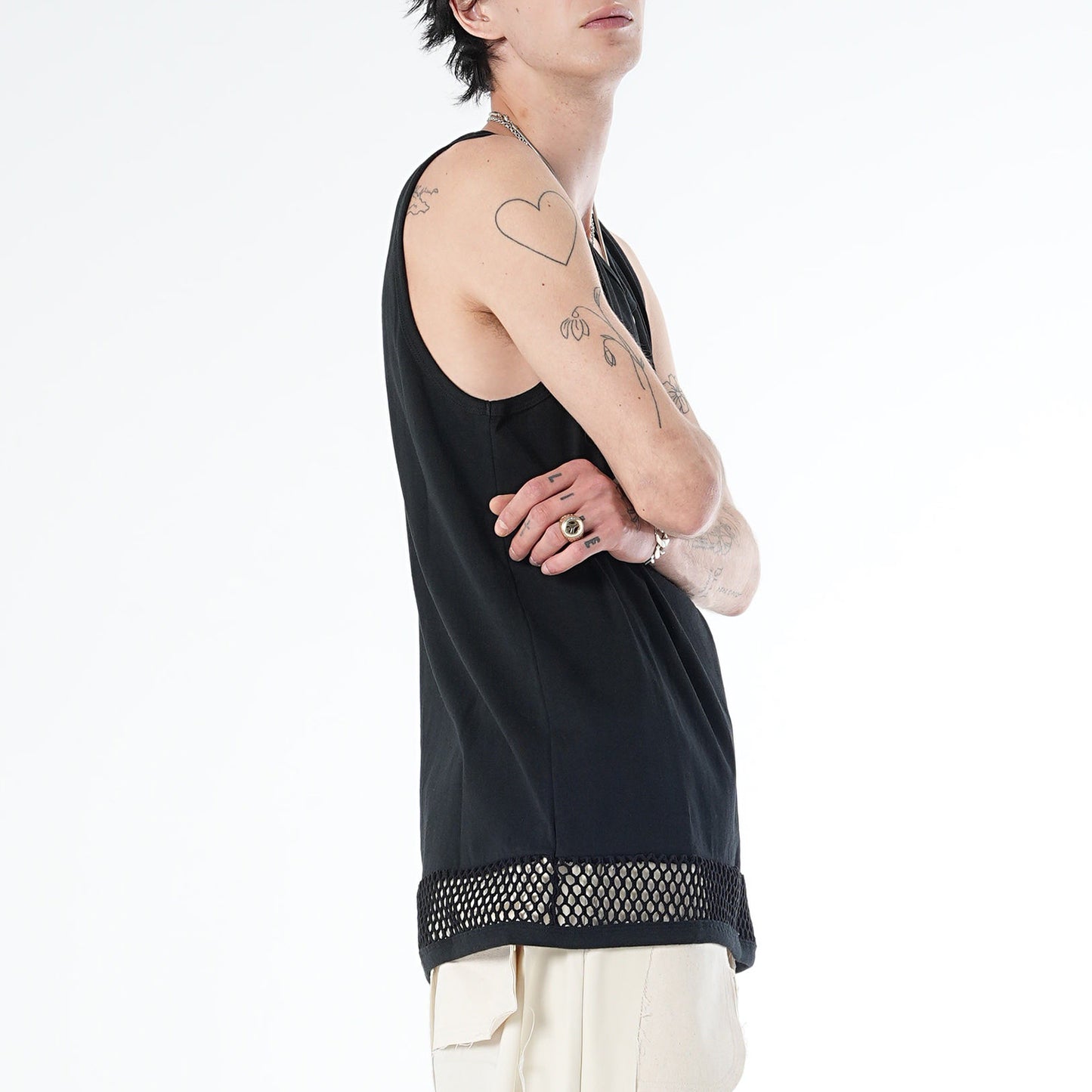 MUZE TURQUOISE LABEL - HEM MESH TANK TOP(BLACK) ミューズ タンクトップ メッシュ 切り替え ブラック