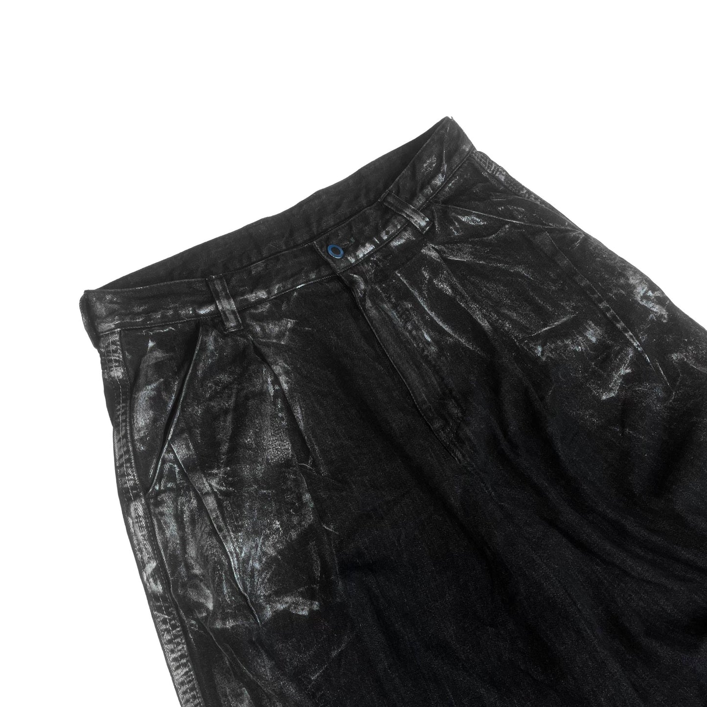 MUZE TURQUOISE LABEL -【FOIL BIOBLEACH DARTS DENIM PANTS(BLACK×WHITE)】ミューズ ダーツデニム 泊プリント バイオブリーチ ブラック ホワイト