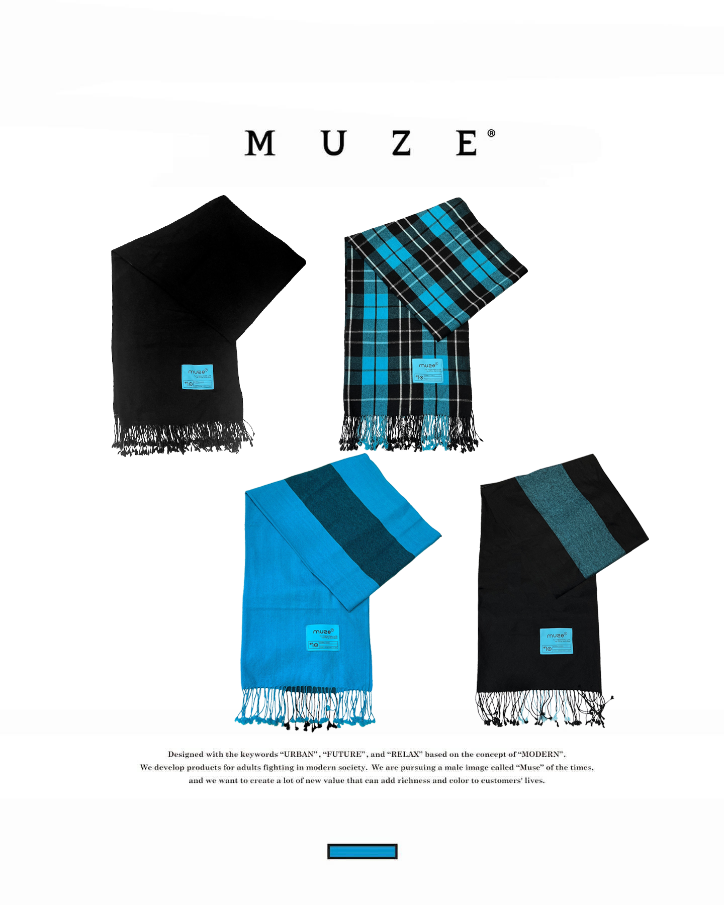 MUZE TURQUOISE LABEL - CASHMERE WOOL SCARF(TURQUOISE × BLACK) ミューズ カシミア ウール スカーフ マフラー ターコイズ ブラック ライン