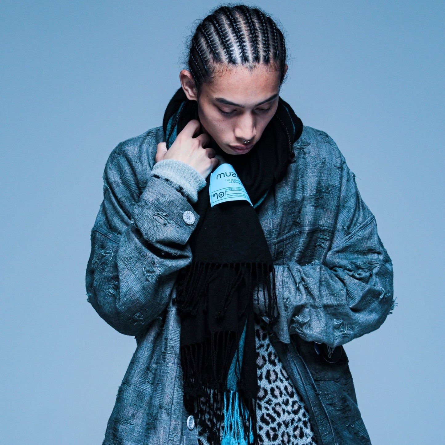 MUZE TURQUOISE LABEL - CASHMERE WOOL SCARF(BLACK × TURQUOISE) ミューズ カシミア ウール スカーフ マフラー ブラック ターコイズ ライン
