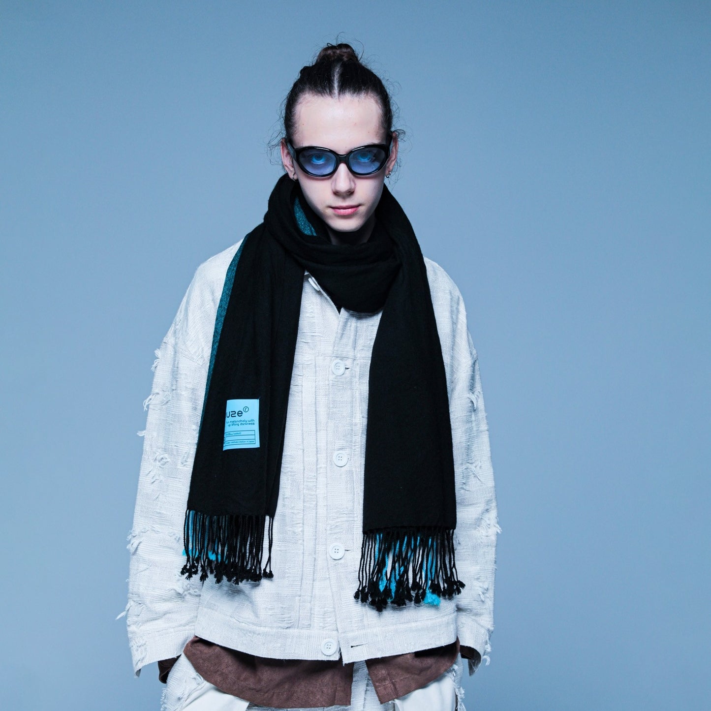 MUZE TURQUOISE LABEL - CASHMERE WOOL SCARF(BLACK × TURQUOISE) ミューズ カシミア ウール スカーフ マフラー ブラック ターコイズ ライン