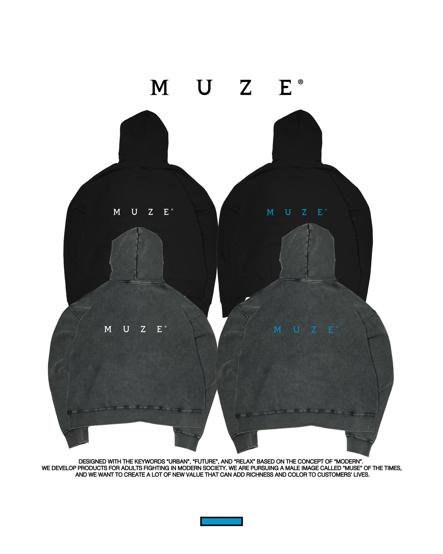MUZE® TURQUOISE LABEL - STONE BIO BLEACH SWEAT LOGO WIDE HOODIE(BLACK×TURQUOISE)ミューズ ストーンバイオブリーチ ロゴ ワイド フーディー ブラック ターコイズ
