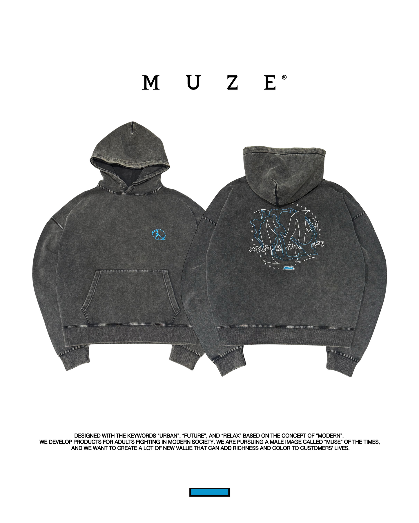 MUZE®︎ TURQUOISE LABEL - 【MUZE® ACID EMBROIDERY STONE BIOBLEACH WIDE SWEAT HOODIE】ミューズ アシッド 刺繍 ストーン バイオブリーチ ワイド スウェット フーディ