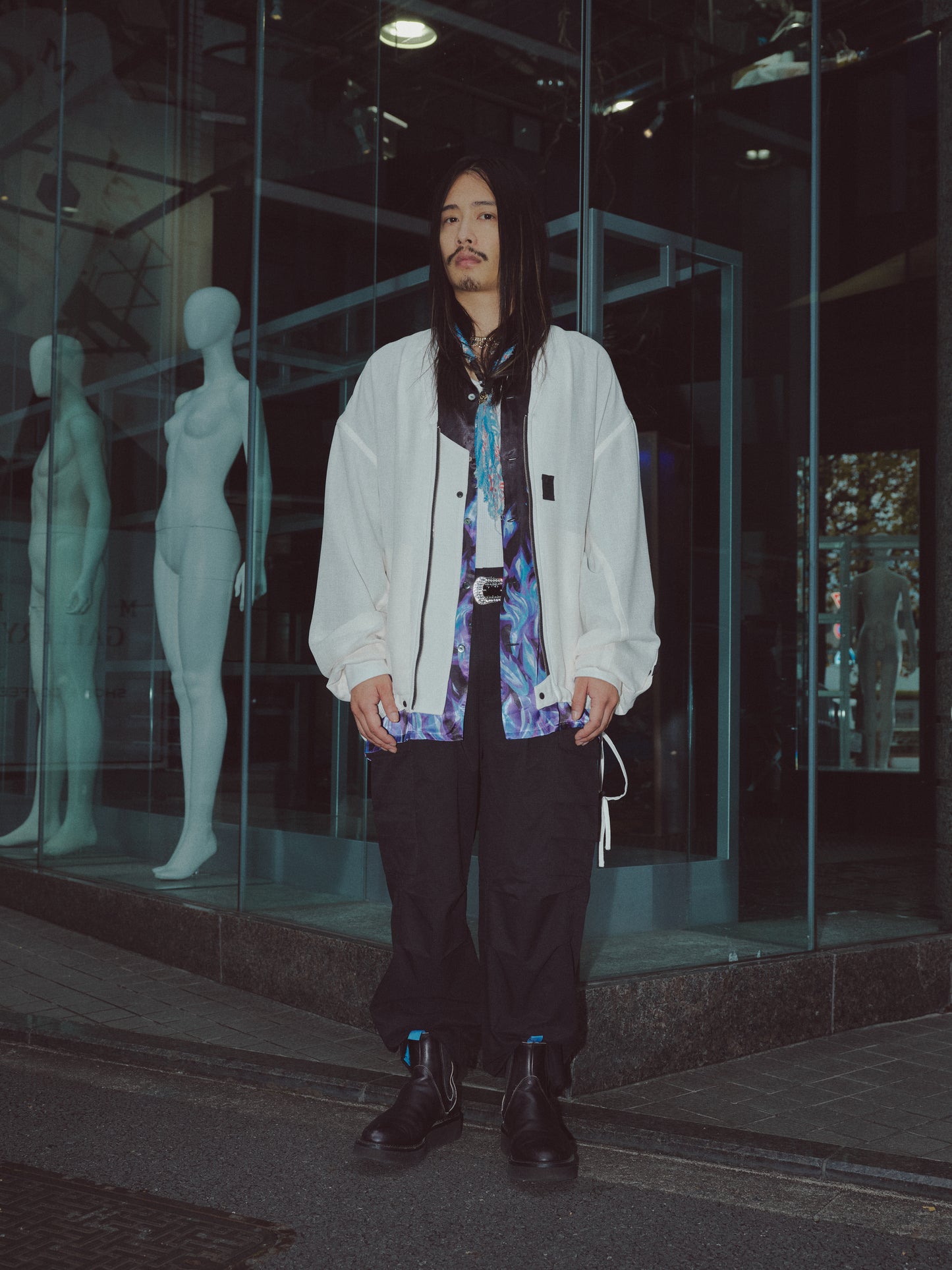 MUZE TURQUOISE LABEL × el conducotrH CUPRO OPEN COLLAR SHIRT 'FLAME(BLACK×BLUE) ミューズ コンダクター 開襟シャツ フレイム