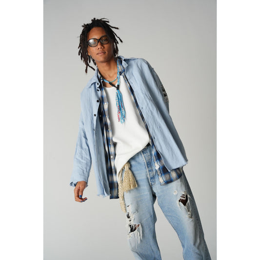 MUZE TURQUOISE LABEL ターコイズ レーベル 【×MINUS Cut Off Dress With Chin Strap】 ×マイナス カットオフ ドレス ウィズ チンストラップ(サックス)