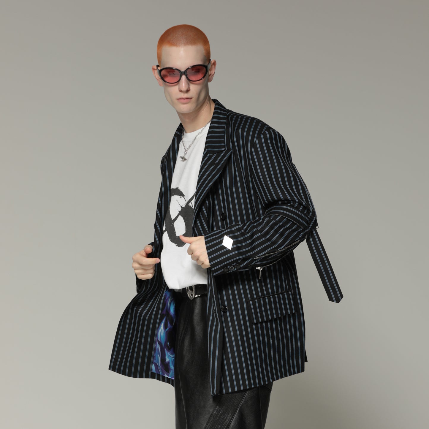 MUZE TURQUOISE LABEL × el conductorH - BELTED BONDAGE DOUBLE BREASTED JKT (STRIPE) コンダクター ストライプ ダブルジャケット
