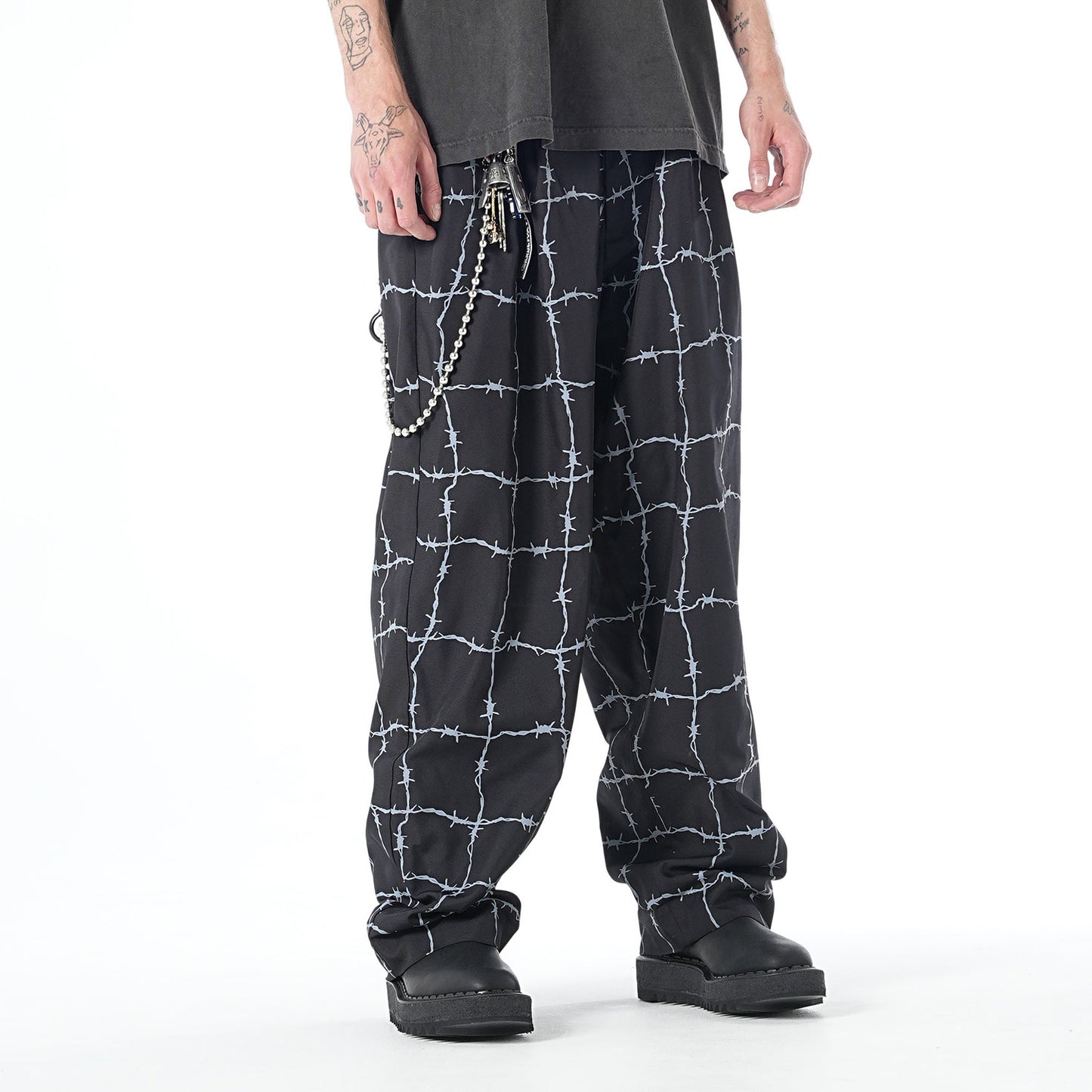 MUZE TURQUOISE LABEL - ×el conductorH WIRE CHECK WIDE TROUSERS(TOUGH BLACK POLYESTER)(BLACK)