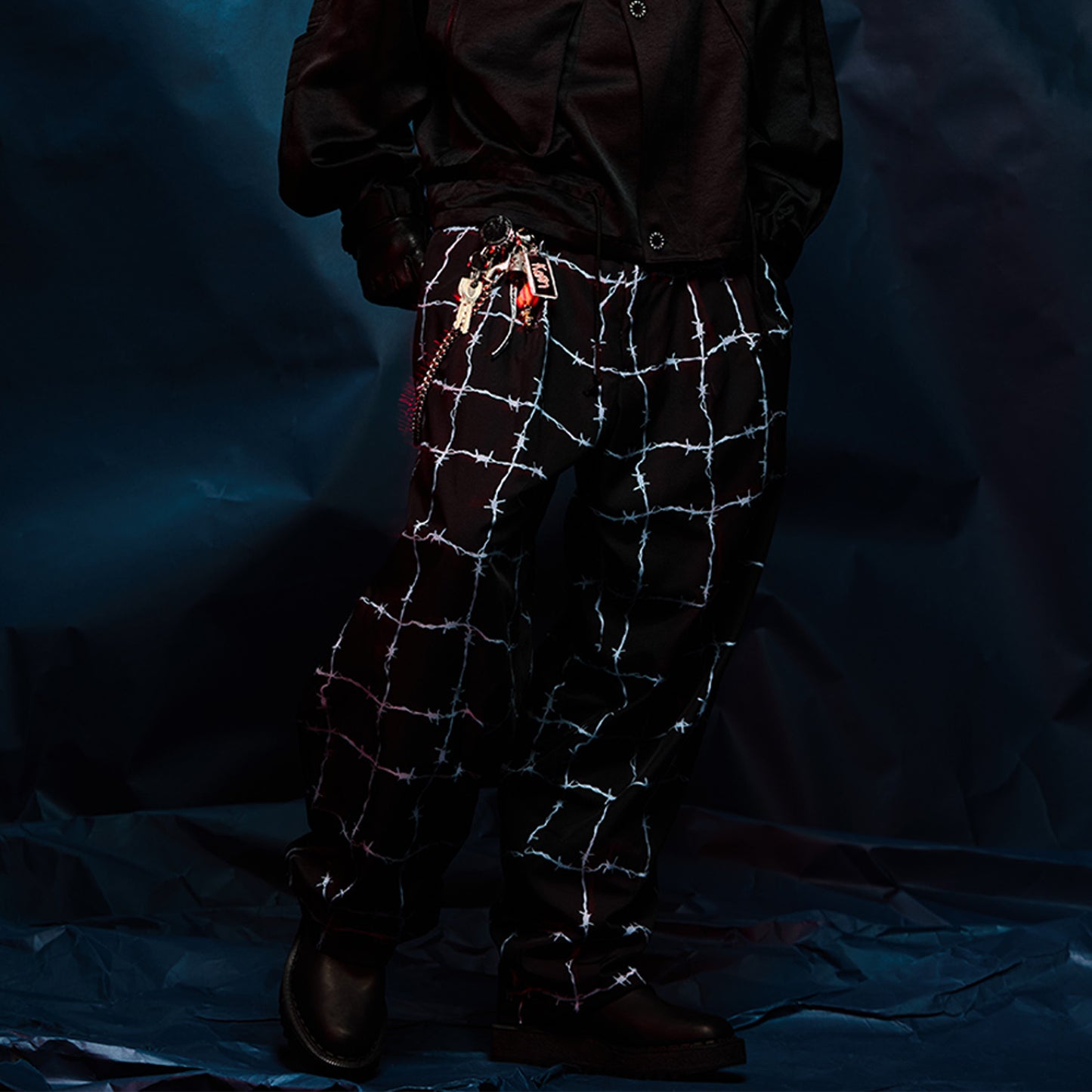 MUZE TURQUOISE LABEL - ×el conductorH WIRE CHECK WIDE TROUSERS(TOUGH BLACK POLYESTER)(BLACK)