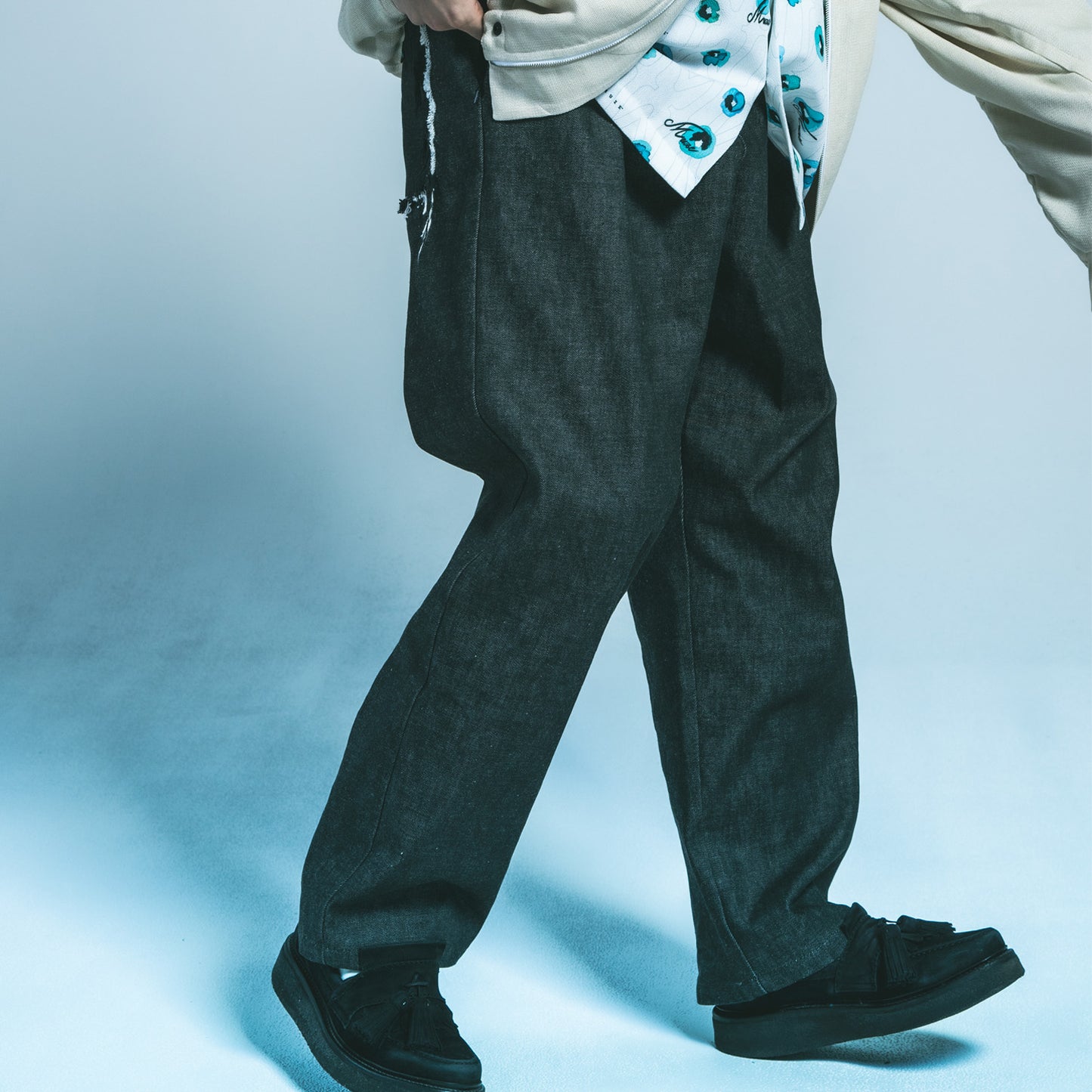 MUZE TURQUOISE LABEL - CIRCUIT WIDE DENIM TROUSERS(BLACK-WHITE) ミューズ デニム トラウザー ブラック ホワイト