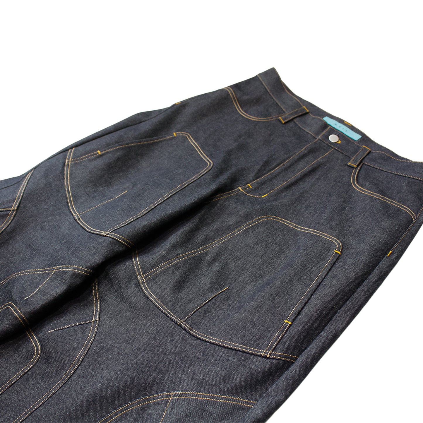 MUZE®︎ TURQUOISE LABEL -【RIGID DENIM COVERD KNEE PANEL TROUSERS(INDIGO)】ミューズ リジッドデニム パネル トラウザーズ インディゴ
