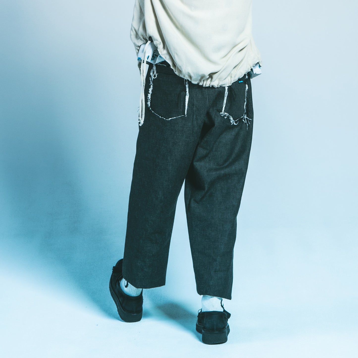 MUZE TURQUOISE LABEL - CIRCUIT WIDE DENIM TROUSERS(BLACK-WHITE) ミューズ デニム トラウザー ブラック ホワイト