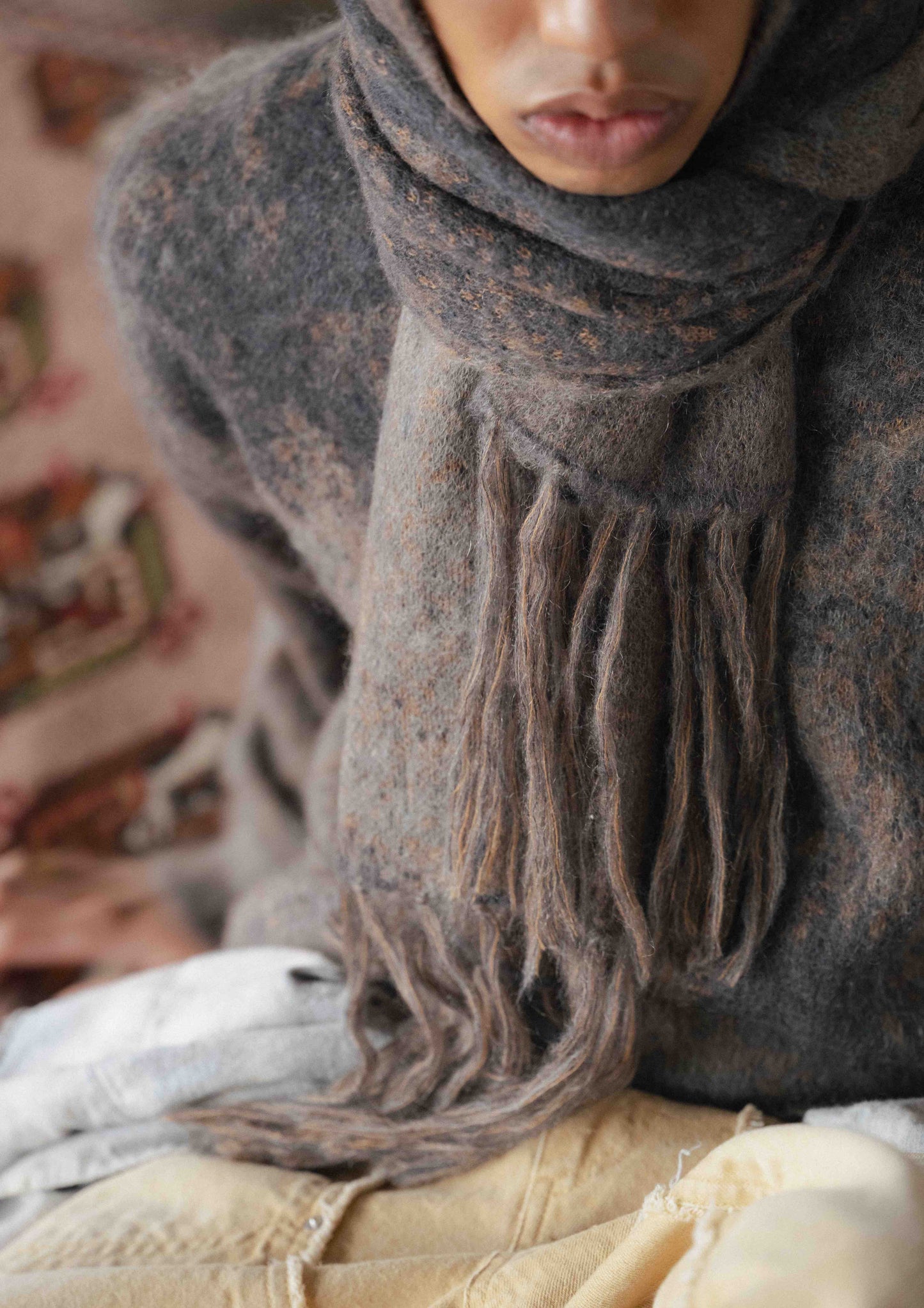FACCIES - RUSTY JACQUARD MOHAIR KNIT STOLE(BROWN) ファッチーズ ジャガード モヘア ニット ストール ブラウン