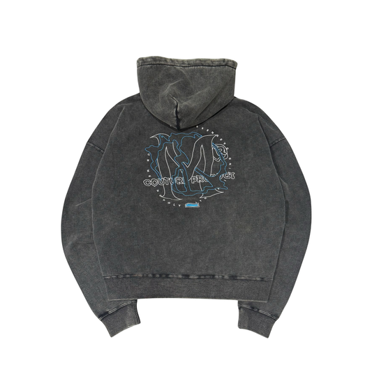 MUZE®︎ TURQUOISE LABEL - 【MUZE® ACID EMBROIDERY STONE BIOBLEACH WIDE SWEAT HOODIE】ミューズ アシッド 刺繍 ストーン バイオブリーチ ワイド スウェット フーディ