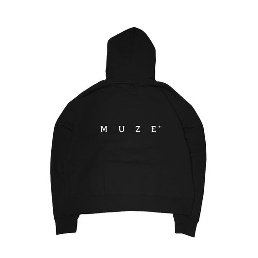 MUZE® TURQUOISE LABEL - SWEAT LOGO WIDE HOODIE(BLACK×WHITE)ミューズ ロゴ ワイド フーディー ブラック ホワイト