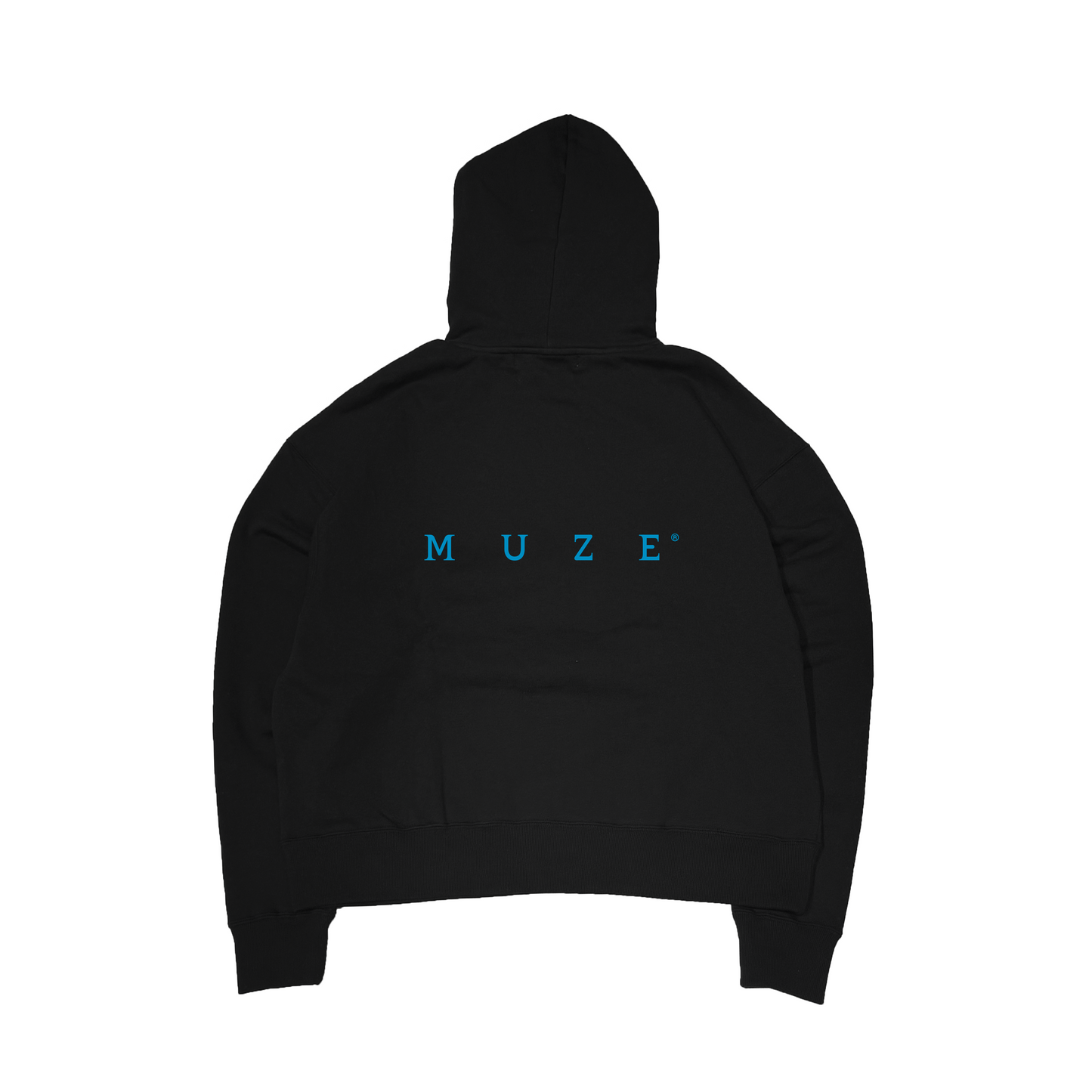 MUZE® TURQUOISE LABEL - SWEAT LOGO WIDE HOODIE(BLACK×TUQUOSIE)ミューズ ロゴ ワイド フーディー ブラック ターコイズ
