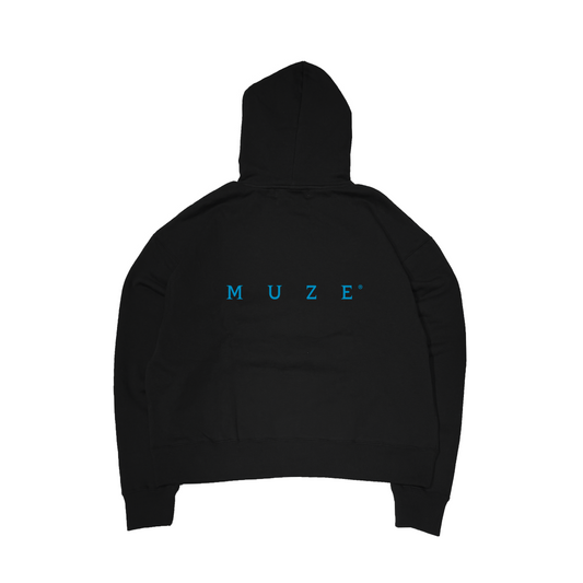 MUZE® TURQUOISE LABEL - SWEAT LOGO WIDE HOODIE(BLACK×TUQUOSIE)ミューズ ロゴ ワイド フーディー ブラック ターコイズ