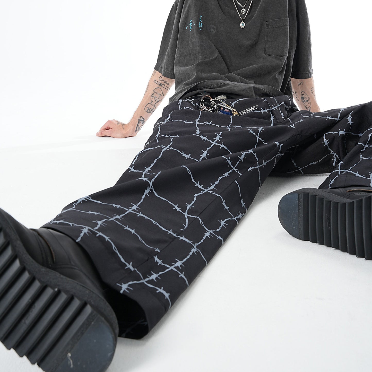 MUZE TURQUOISE LABEL - ×el conductorH WIRE CHECK WIDE TROUSERS(TOUGH BLACK POLYESTER)(BLACK)