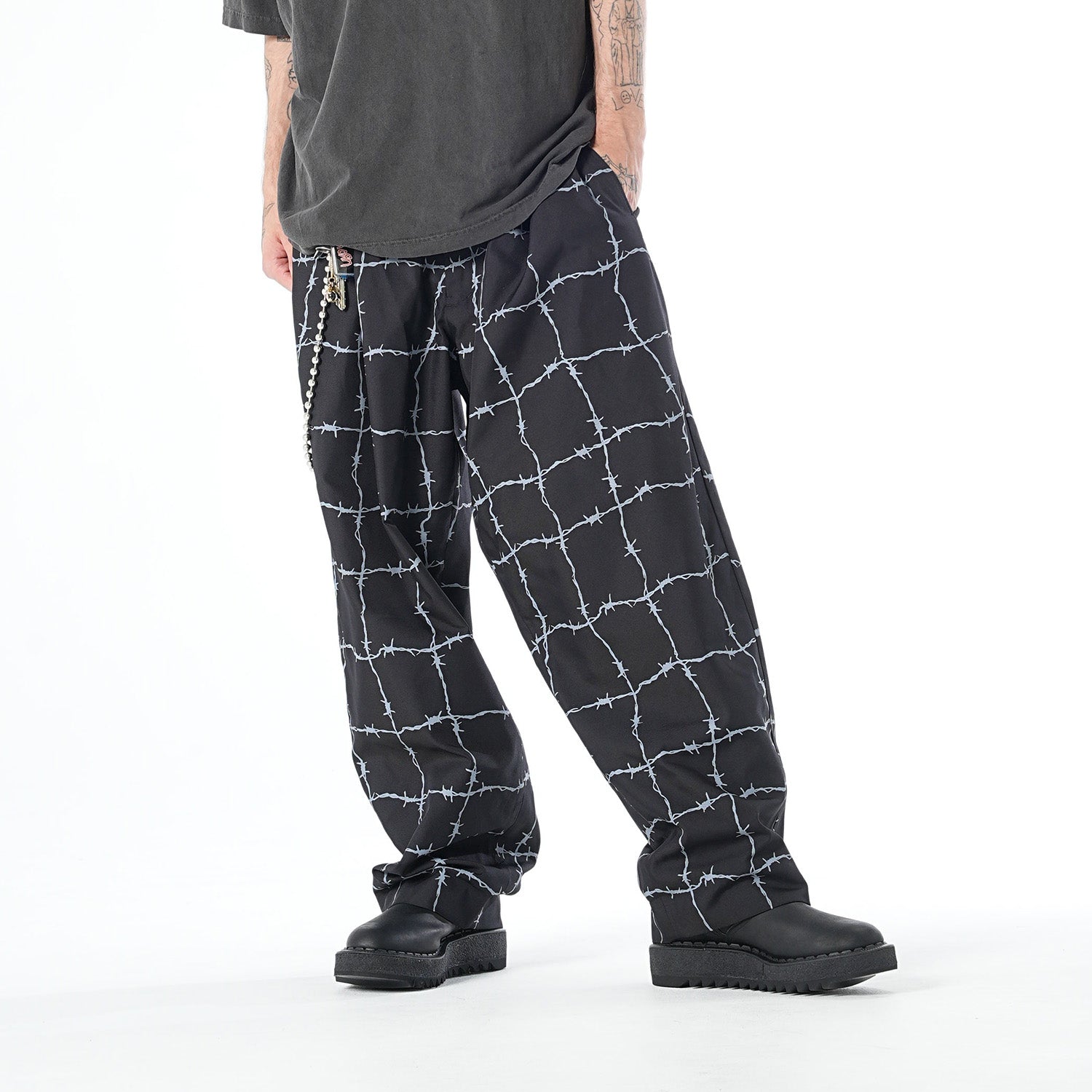 MUZE TURQUOISE LABEL - ×el conductorH WIRE CHECK WIDE TROUSERS(TOUGH BLACK  POLYESTER)(BLACK)