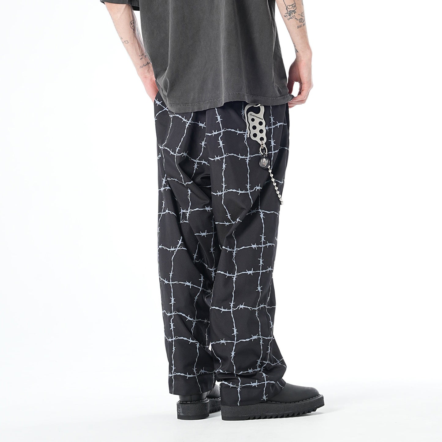 MUZE TURQUOISE LABEL - ×el conductorH WIRE CHECK WIDE TROUSERS(TOUGH BLACK POLYESTER)(BLACK)