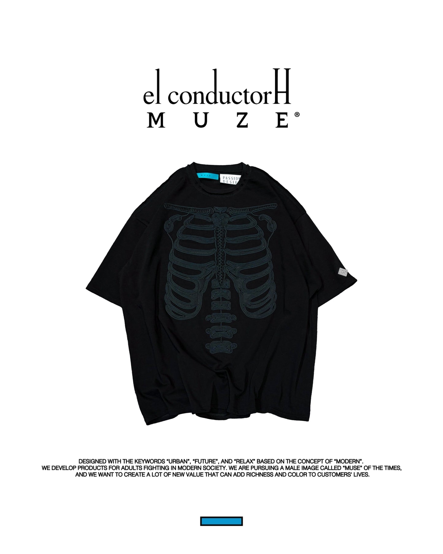 MUZE TURQUOISE LABEL × el conductorH -【Cord Embroidered T-shirt(BONES)(BK × TQ)】 ミューズ コンダクター コード 刺繍 Tシャツ ボーン ブラック ターコイズ