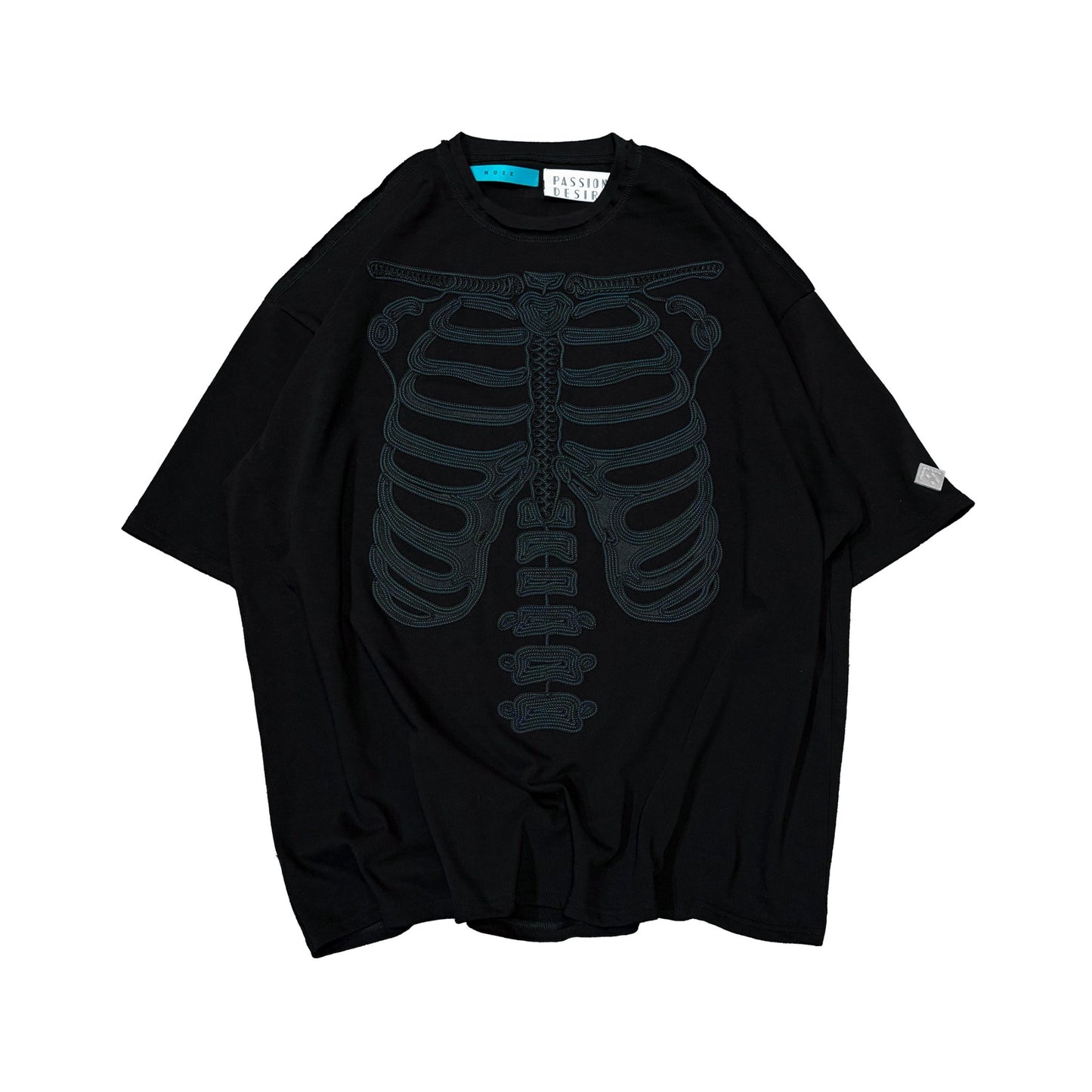 MUZE TURQUOISE LABEL × el conductorH -【Cord Embroidered T-shirt(BONES)(BK × TQ)】 ミューズ コンダクター コード 刺繍 Tシャツ ボーン ブラック ターコイズ