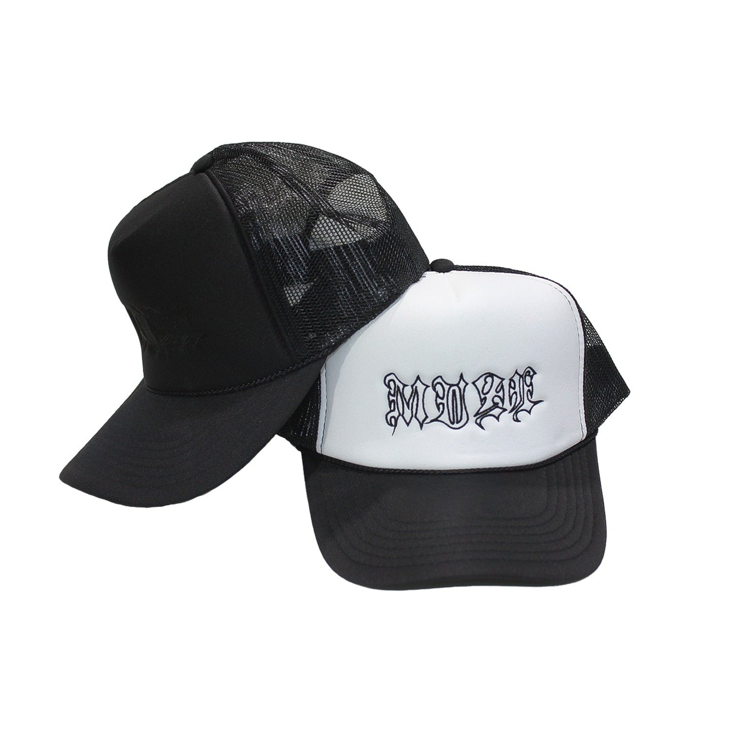 MUZE BLACK LABEL -【MUZE LOGO EMBROIDERY HIGH CROWN MESH CAP (BLACK×WHITE)】ミューズ ロゴ 刺繍 ハイクラウン メッシュキャップ ブラック×ホワイト