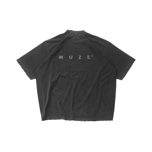 MUZE BLACK LABEL -【MUZE® LOGO REFLECTOR DAMAGE T-SH(PIGMENT BLACK)】ミューズ ロゴ Tシャツ リフレクター ダメージ ピグメント ブラック