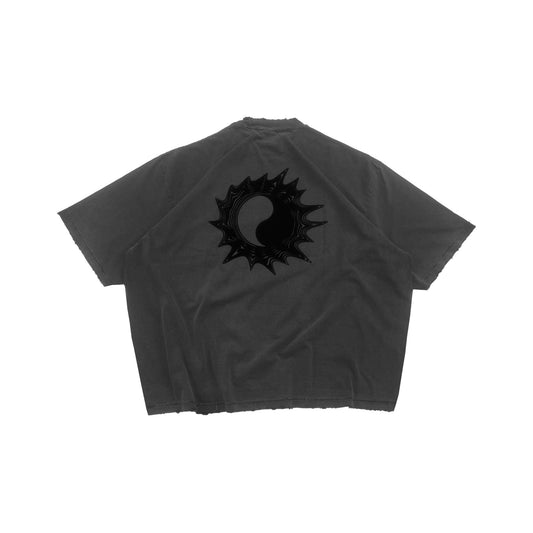 MUZE BLACK LABEL 【ACID YIN-YANG FLOCKY PRINT DAMAGE T-SH(PIGMENT BLACK)】ミューズ インヤン Tシャツ フロッキー ダメージ ピグメント ブラック