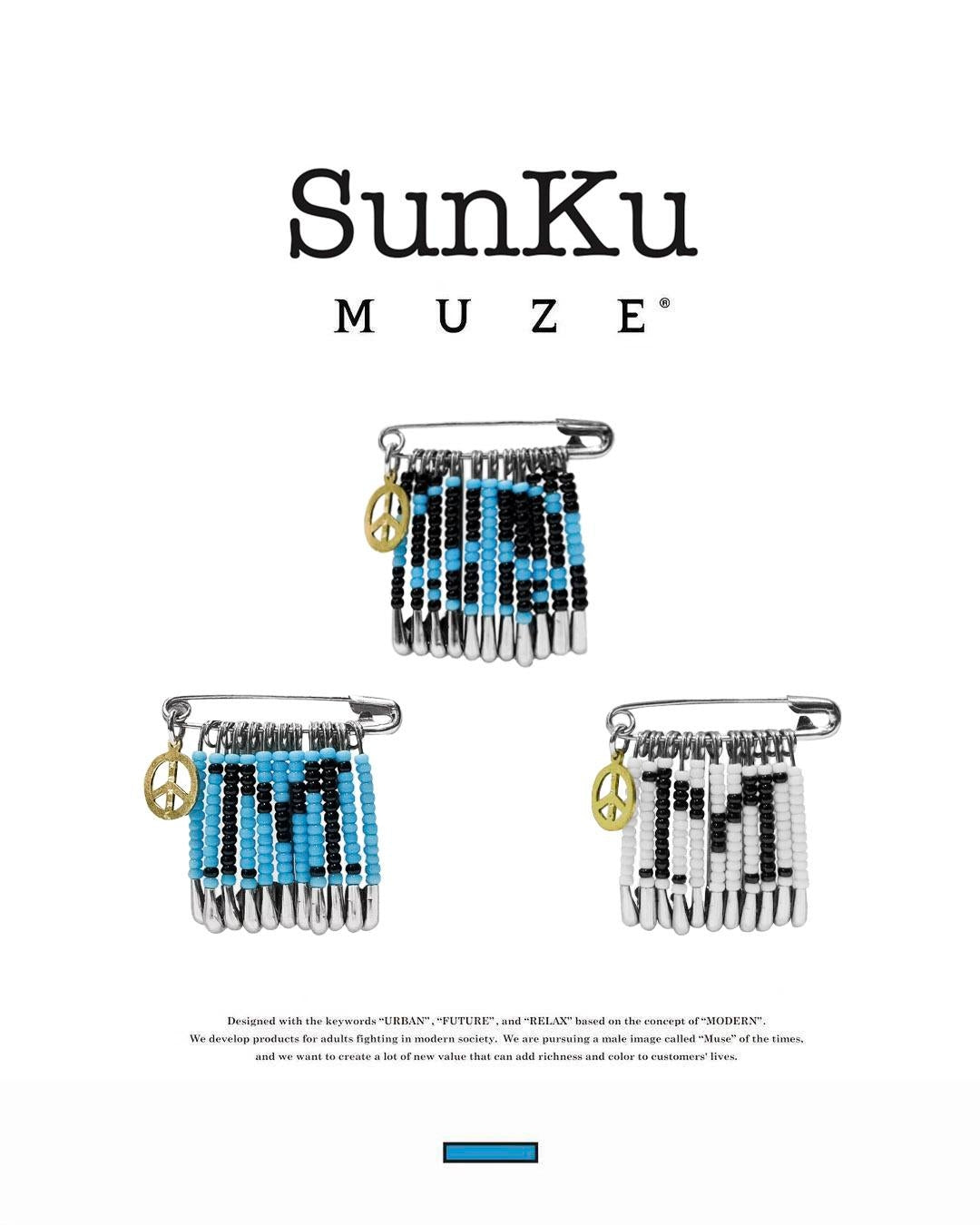 MUZE TURQUOISE LABEL - ×SunKu M LOGO SAFETY PIN（TURQUOISE)ミューズ 2023年秋冬 サンク ロゴ ピンズ  ビーズ ターコイズ