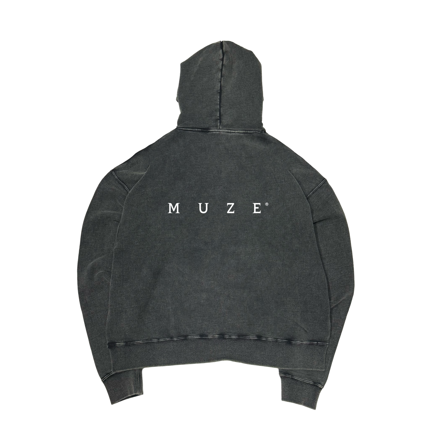 MUZE® TURQUOISE LABEL - STONE BIO BLEACH SWEAT LOGO WIDE HOODIE(BLACK×WHITE)ミューズ ストーンバイオブリーチ ロゴ ワイド フーディー ブラック ホワイト