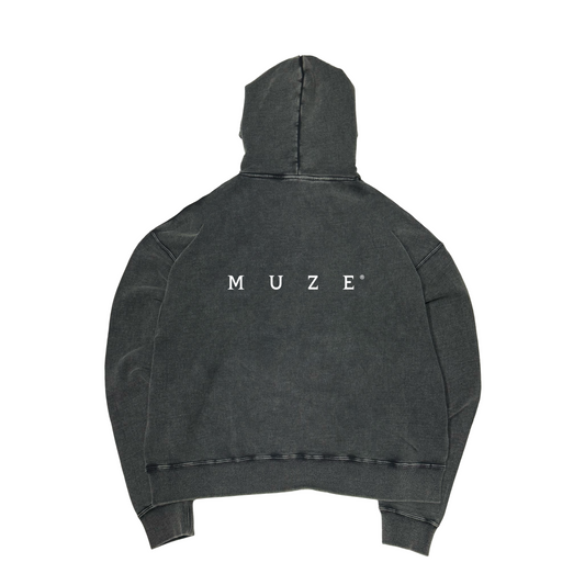 MUZE® TURQUOISE LABEL - STONE BIO BLEACH SWEAT LOGO WIDE HOODIE(BLACK×WHITE)ミューズ ストーンバイオブリーチ ロゴ ワイド フーディー ブラック ホワイト