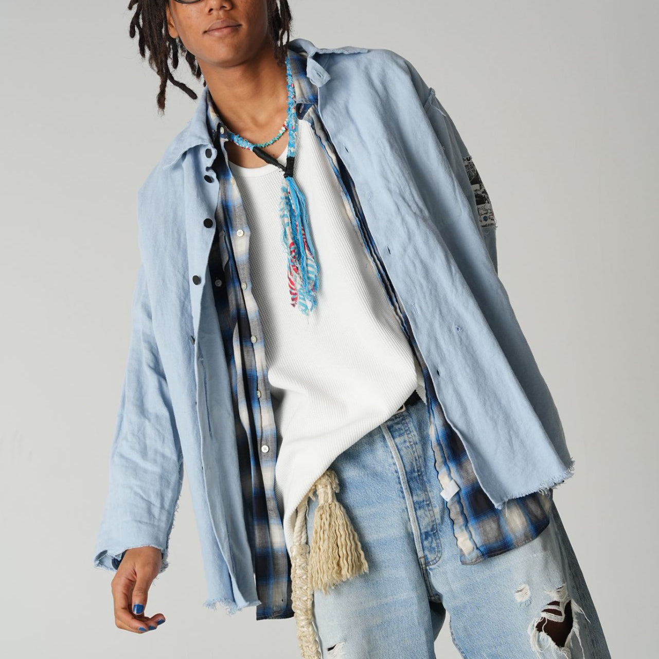 MUZE TURQUOISE LABEL ターコイズ レーベル 【×MINUS Cut Off Dress With Chin Strap】 ×マイナス カットオフ ドレス ウィズ チンストラップ(サックス)