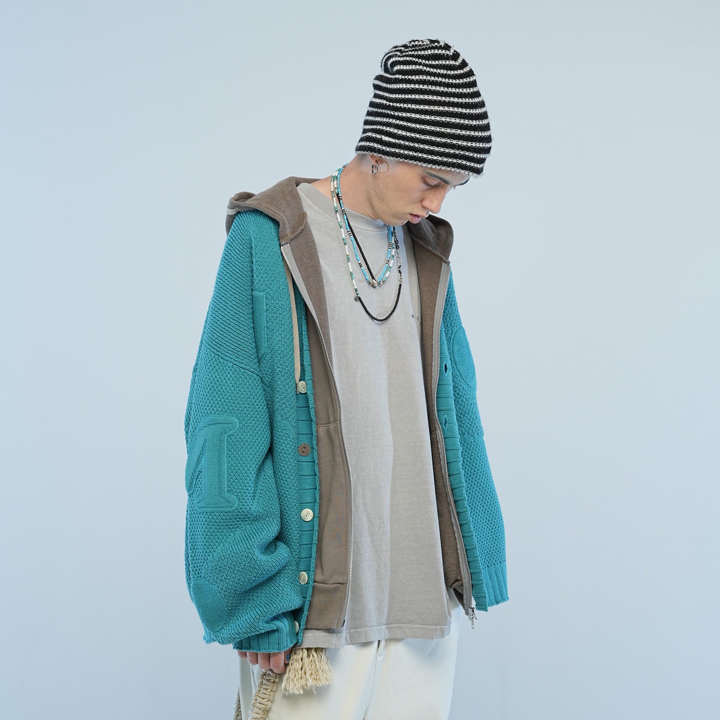 MUZE TURQUOISE LABEL× Ø【EMPTY SETT】™️ - VARSITY KNIT CARDIGAN(TURQUOISE) ミューズ エンプティーセット バーシティー ニット カーディガン ターコイズ